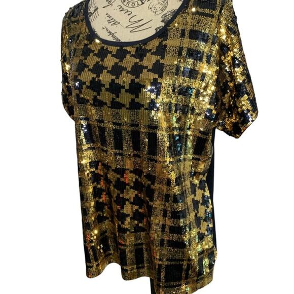 Michael Kors Women's Size Medium Blouse Black & Gold Sequins Holiday Christmas - Picture 4 of 12